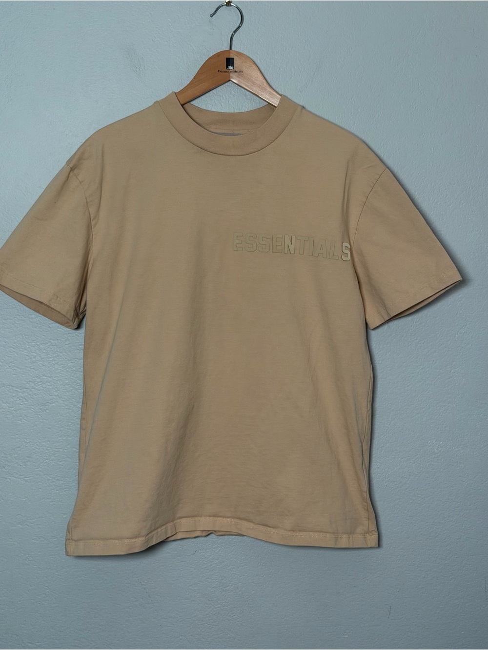 Essentials Fear of God Men's Tan Short Sleeve Crewneck Tee with monochrome logo